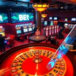 Experience the thrill of betting at bet 88 with a bustling casino scene, featuring eager players and vibrant roulette tables.